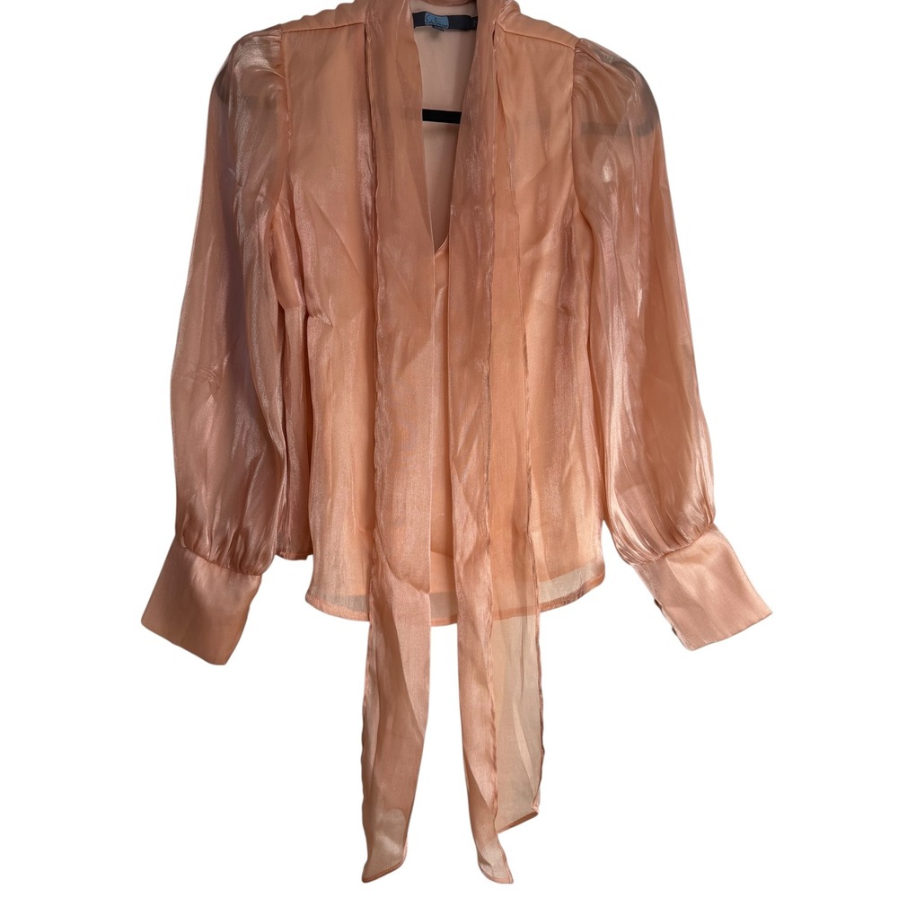 Eva Franco Women Peach Shimmer Tie Neck Sheer Blouse Long Sleeve Size S